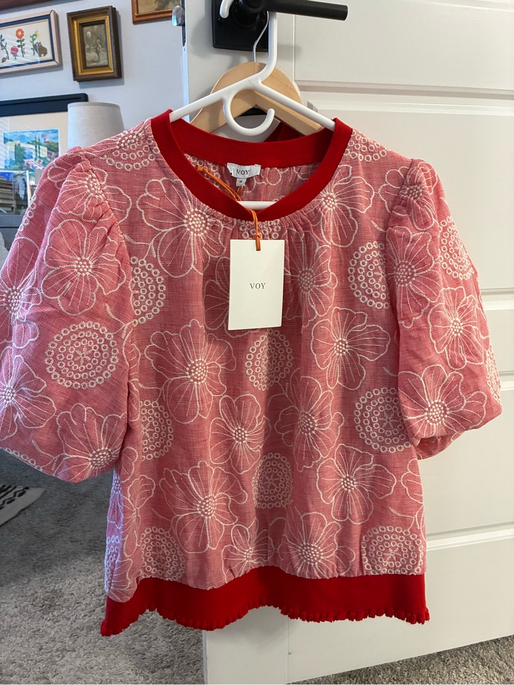 VOY Pink Floral Embroidered Puff Sleeve Top with Red Trim